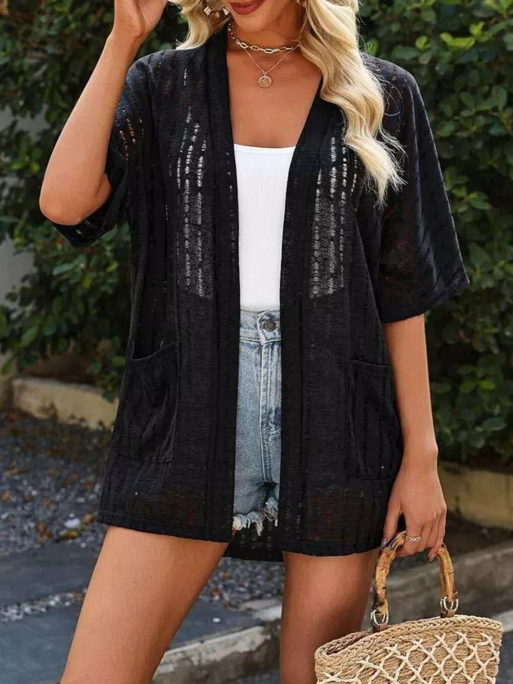 Openwork Open Front Cardigan in Khaki, alternate angle