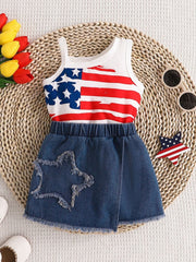 Baby American flag tank top and denim skirt set with star applique.
