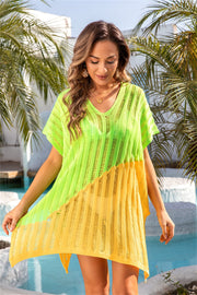 Colorblock knit beach cover-up with V-neck and short sleeves in yellow-green and yellow.