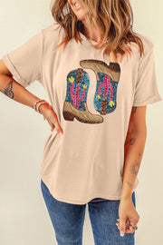 Eggshell cotton graphic tee with sequin desert boots and cactus print.