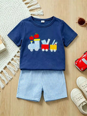 Navy embroidered train tee and blue gingham shorts set for baby boys.