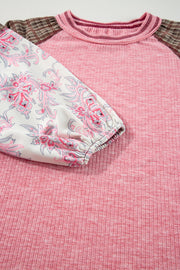 Paisley puff sleeve raglan tee in dusty pink with contrast plaid sleeves and crew neck.