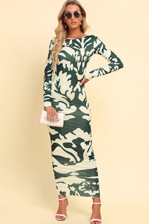 Green camouflage backless maxi dress with long sleeves and a crew neck.