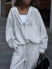 Oversized Zip-up Hoodie And Wide-leg Pants Set in Brown, side view