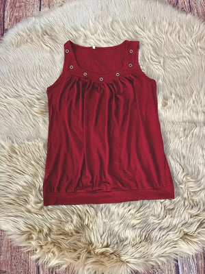 Burgundy V-neck tank top with ruched detail and eyelet accents.