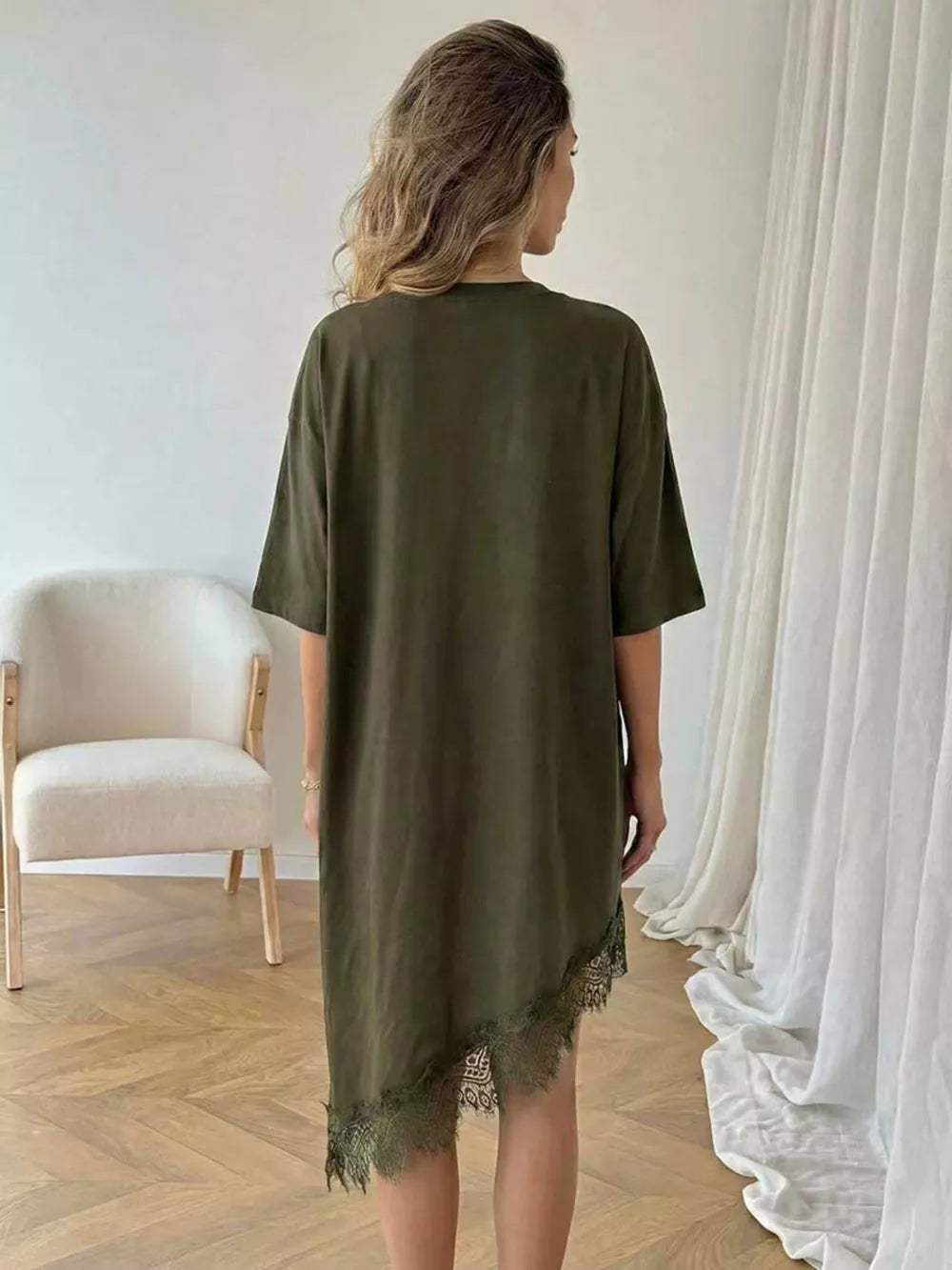 Army green asymmetrical t-shirt dress with lace trim hem