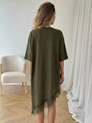 Army green asymmetrical t-shirt dress with lace trim hem