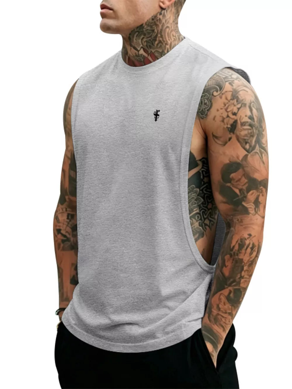 Men's Full Size Round Neck Tank Top Plus Size in Apricot, model styling view