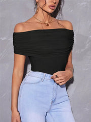Black off-shoulder ruched t-shirt with a draped neckline.