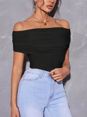 Black off-shoulder ruched t-shirt with a draped neckline.