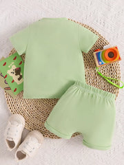 Children's Letter Round Neck Tee And Shorts Set in Light Green, view 11