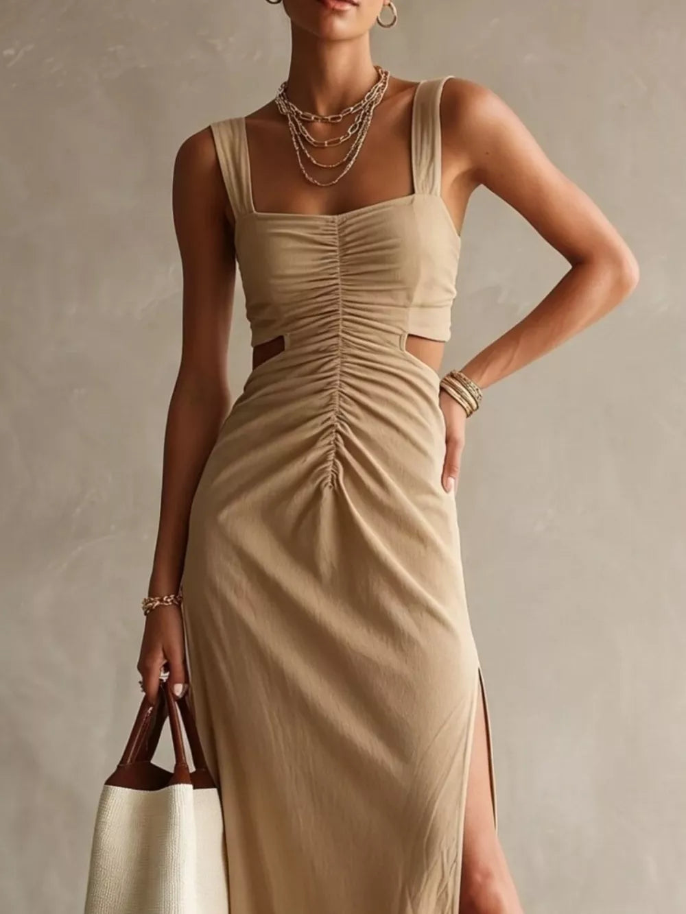 Ruched Cut-out Midi Dress in Khaki, fabric detail