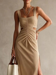 Ruched Cut-out Midi Dress in Khaki, fabric detail