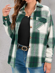 Checked plaid button-down overshirt in green and white with buttoned chest pockets and cuffs.
