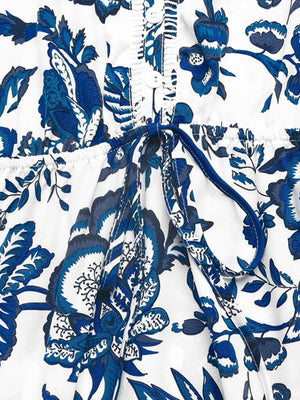 Charming floral midi dress in dark blue with drawstring waist and button front detail.