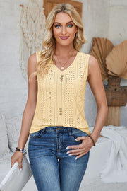 Light Yellow perforated button-down sleeveless V-neck top with eyelet details.