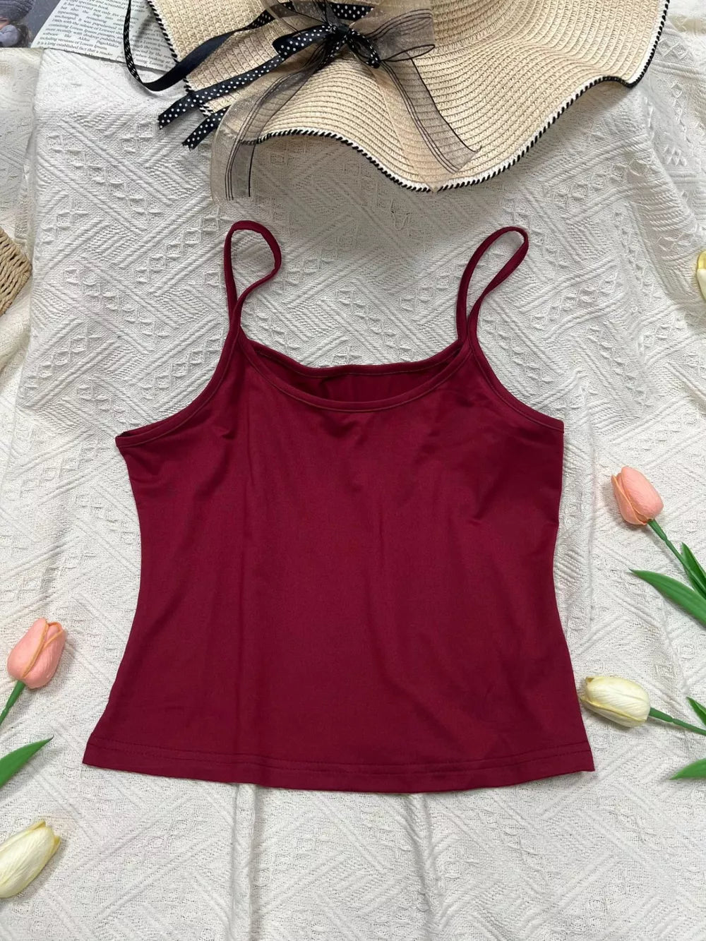 Wine red cami top with scoop neck and thin straps