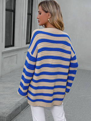 Chunky stripe relaxed fit knit sweater in sky blue and beige acrylic with crew neck and long sleeves.