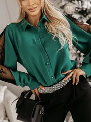 Lace-sleeve Button Up Shirt in Dark Green, model styling view