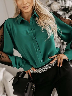 Lace-sleeve Button Up Shirt in Dark Green, model styling view