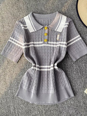 Grey cable knit polo t-shirt with white stripes and gold buttons