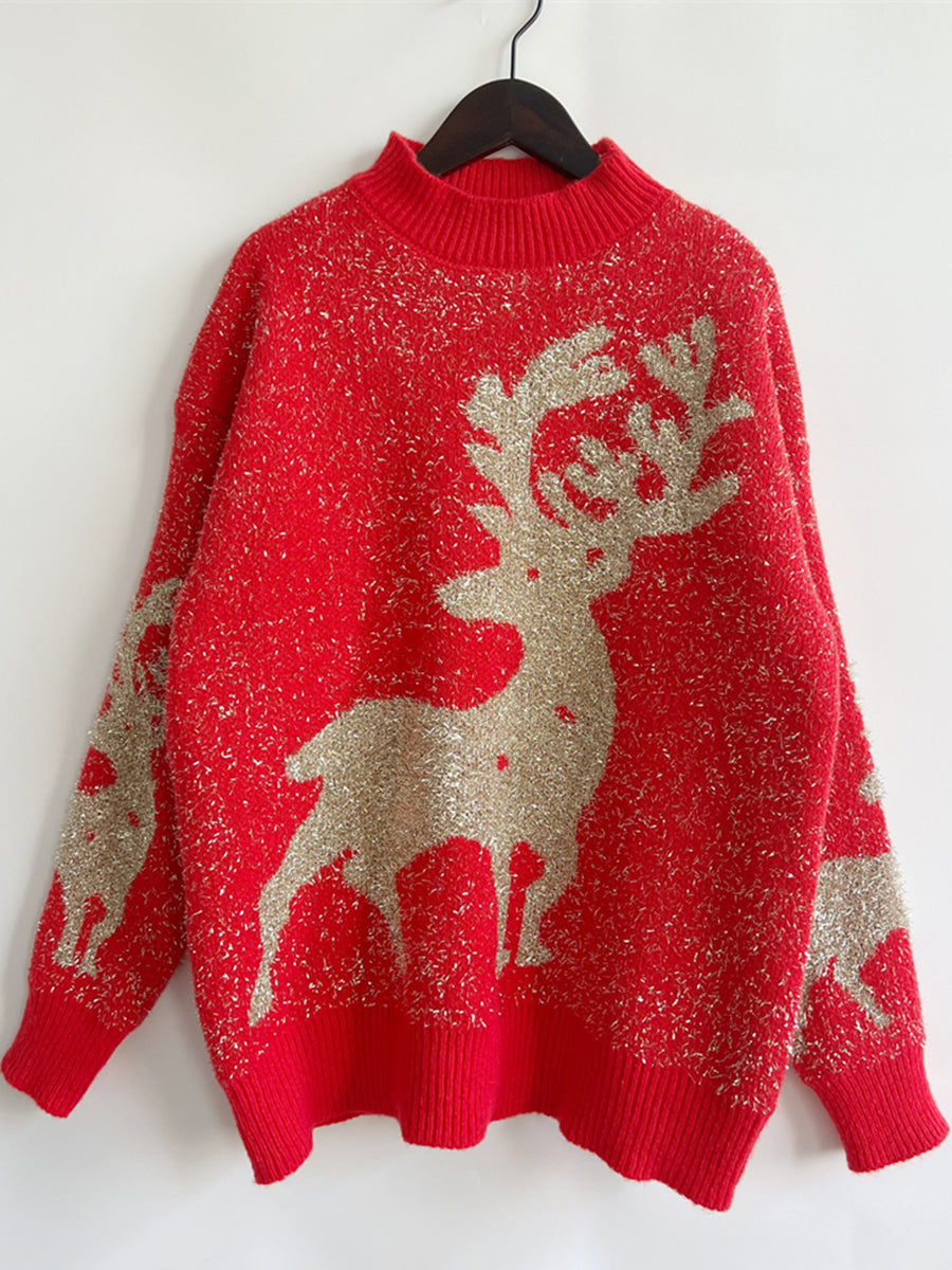 Red acrylic knit sweater with glitter detail and reindeer pattern.