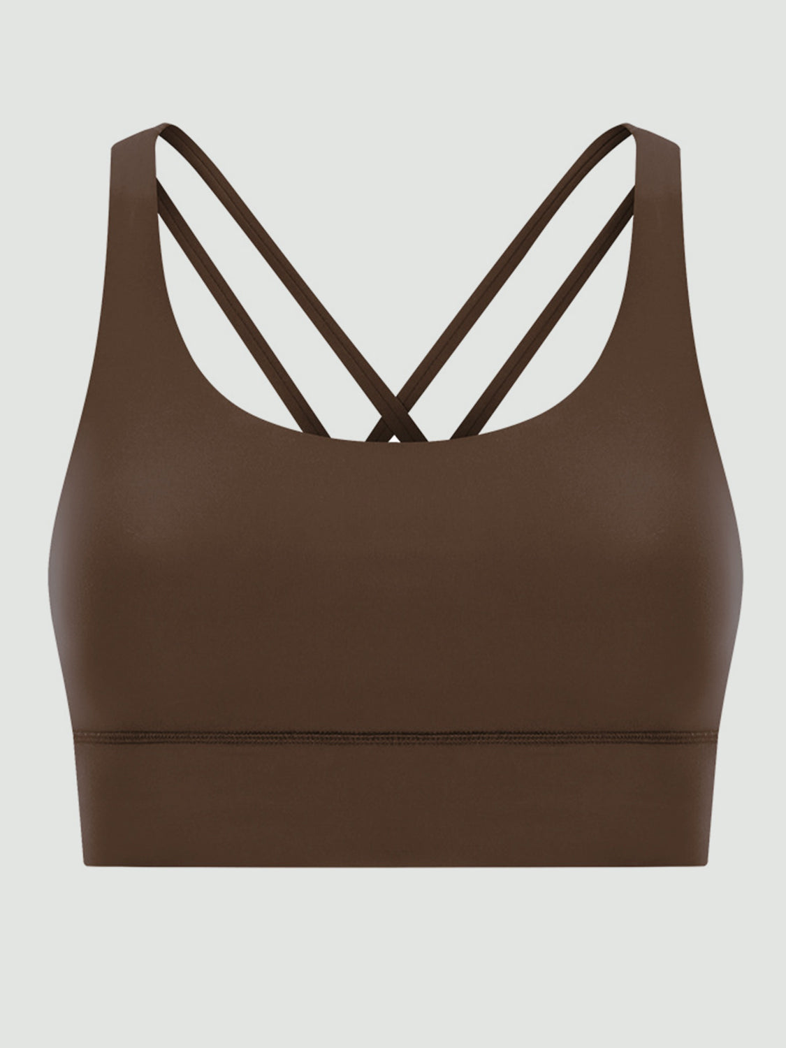 Brown performance bra with crisscross back straps and a scoop neckline.