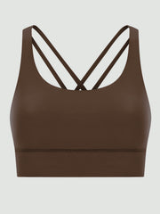 Brown performance bra with crisscross back straps and a scoop neckline.