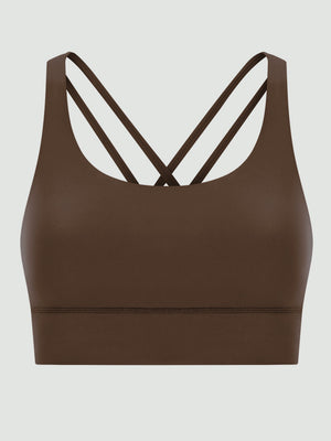 Brown performance bra with crisscross back straps and a scoop neckline.