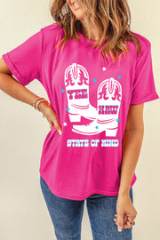Hot pink graphic tee with cowboy boots and text that reads Yee Haw State of Mind