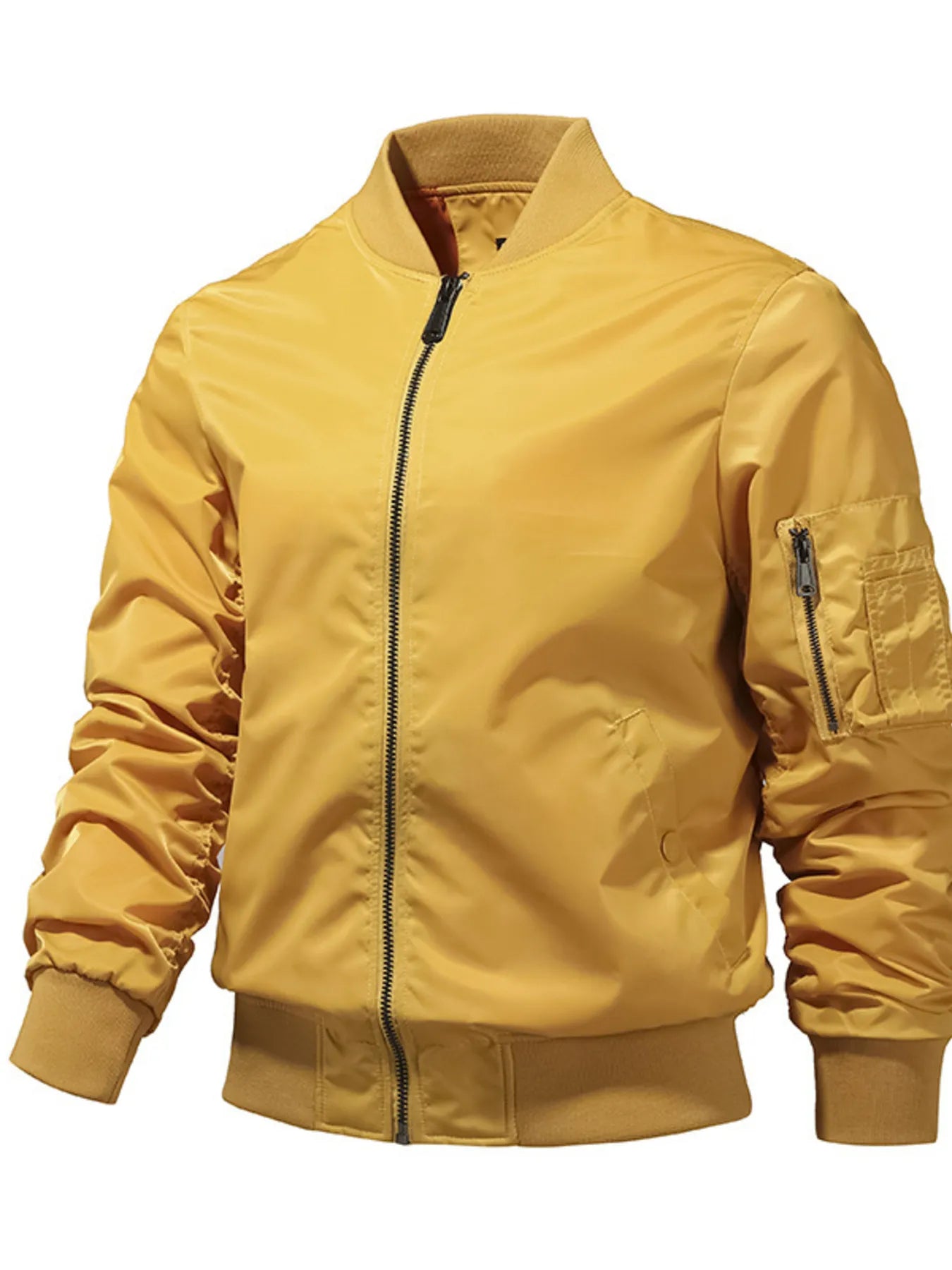 Men's yellow zip-up bomber jacket with ribbed cuffs and collar, and a zippered sleeve pocket.