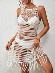 White open-knit sleeveless beach cover-up dress with fringe hem