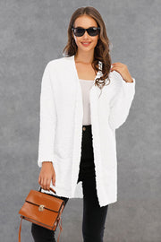 White textured cocoon cardigan with patch pockets and open front