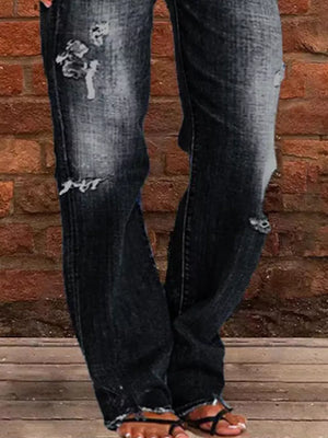 Relaxed fit black distressed denim maternity jeans with raw hem and button fly.