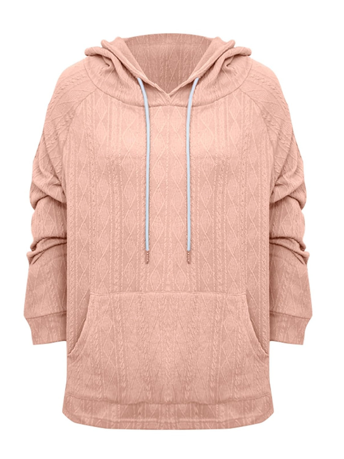 Textured knit raglan hoodie in watermelon pink with drawstring and front pocket.