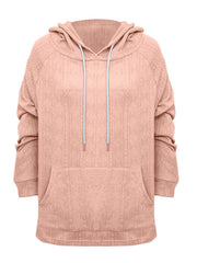 Textured knit raglan hoodie in watermelon pink with drawstring and front pocket.
