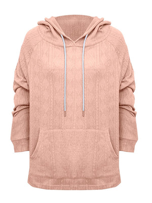 Textured knit raglan hoodie in watermelon pink with drawstring and front pocket.
