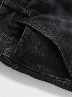Black carpenter jeans with straight leg fit and visible pocket detail
