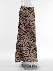 Flowy leopard print maxi skirt with a high waist and a relaxed fit.