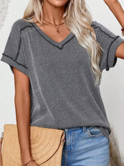 Dark Gray ribbed V-neck tee with contrast stitching and short sleeves.