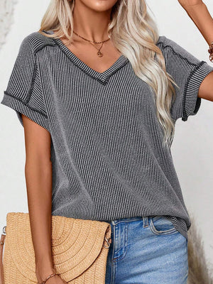 Dark Gray ribbed V-neck tee with contrast stitching and short sleeves.