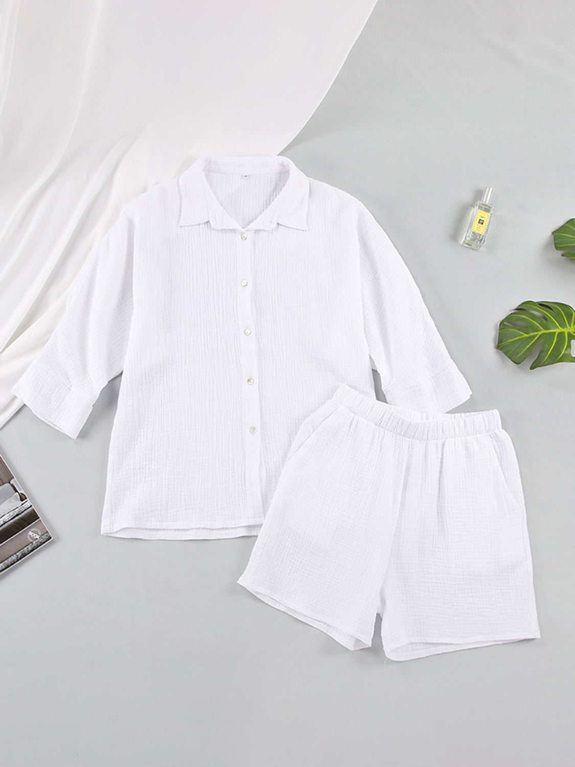 White gauze cotton resort shirt and shorts set with button front and elastic waist shorts.