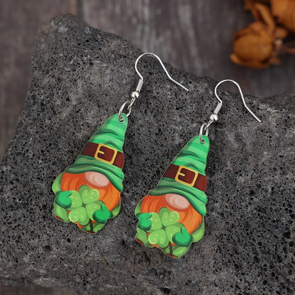 Green leprechaun charm drop earrings with shamrocks, alloy hooks