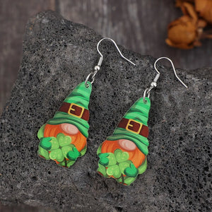 Green leprechaun charm drop earrings with shamrocks, alloy hooks
