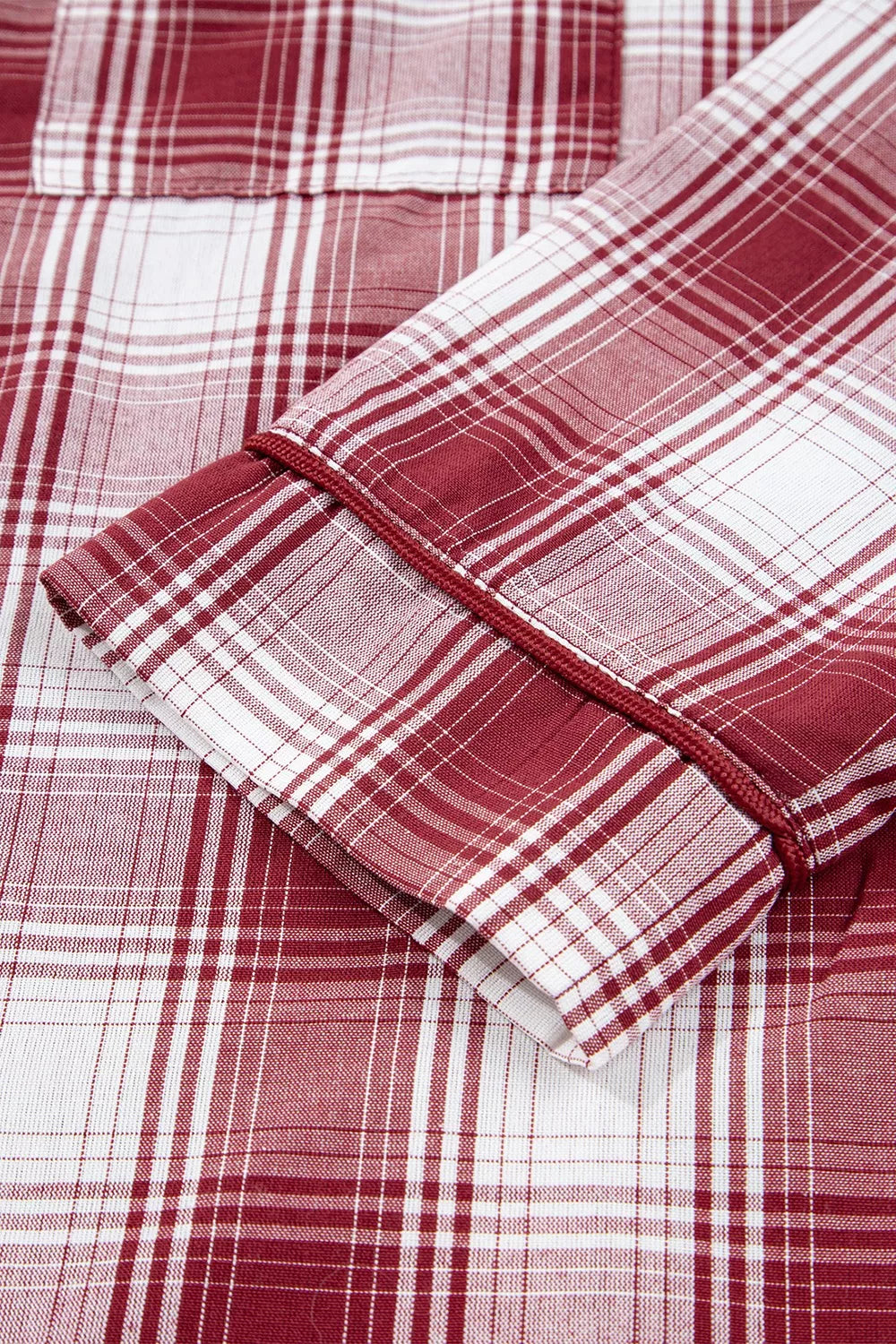 Cozy cotton plaid lounge set top cuff detail in cerise and white.
