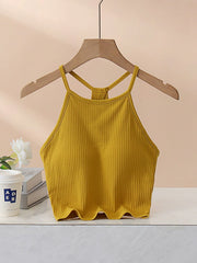 Mustard ribbed racerback crop top with a keyhole back detail.