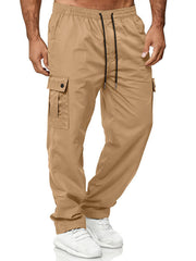 Khaki cargo pants with adjustable waist and drawstring, featuring multiple pockets.