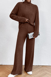 Ribbed knit turtleneck lounge set in chocolate brown, featuring wide-leg pants and a long-sleeve top.