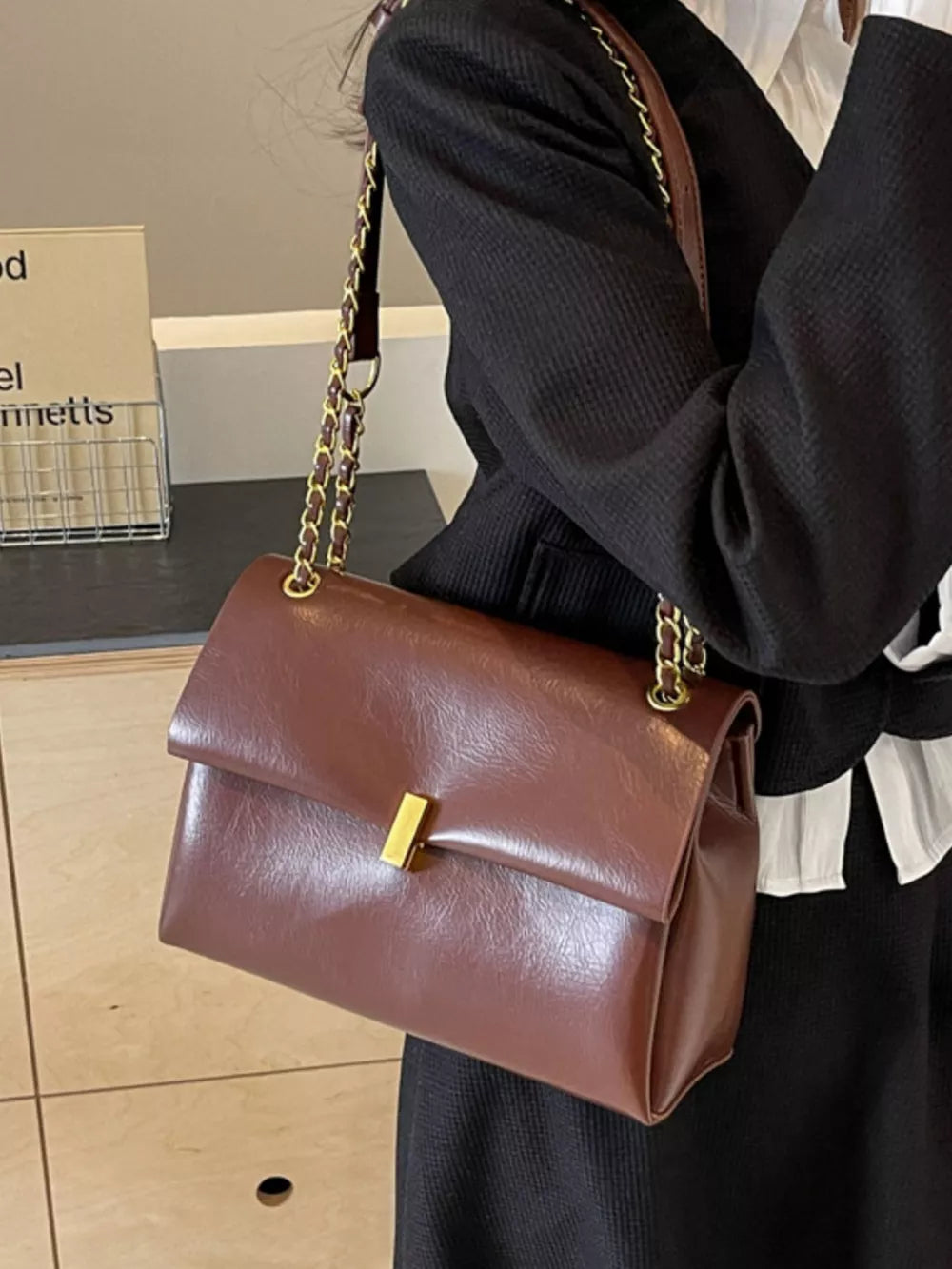 Chain Strap Shoulder Bag in Brown, front view
