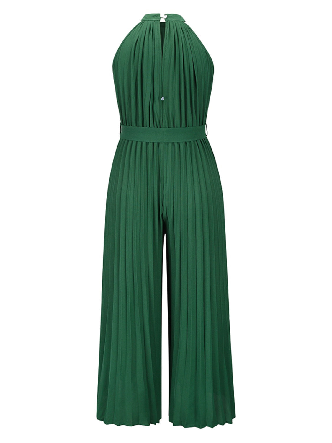 Dark green halter neckline pleated palazzo jumpsuit with belted waist.